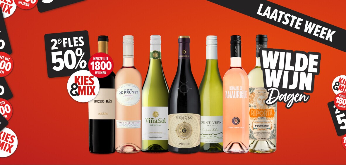 Laatste week: Wilde wijn dagen. meer dan 1800 wijnen tweede fles 50% korting! Kies & mix.
